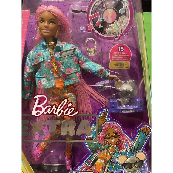 NEW Barbie Extra Doll#10 in Floral-Print Jacket And Jogger Set with DJ Mouse Pet - Picture 13 of 13